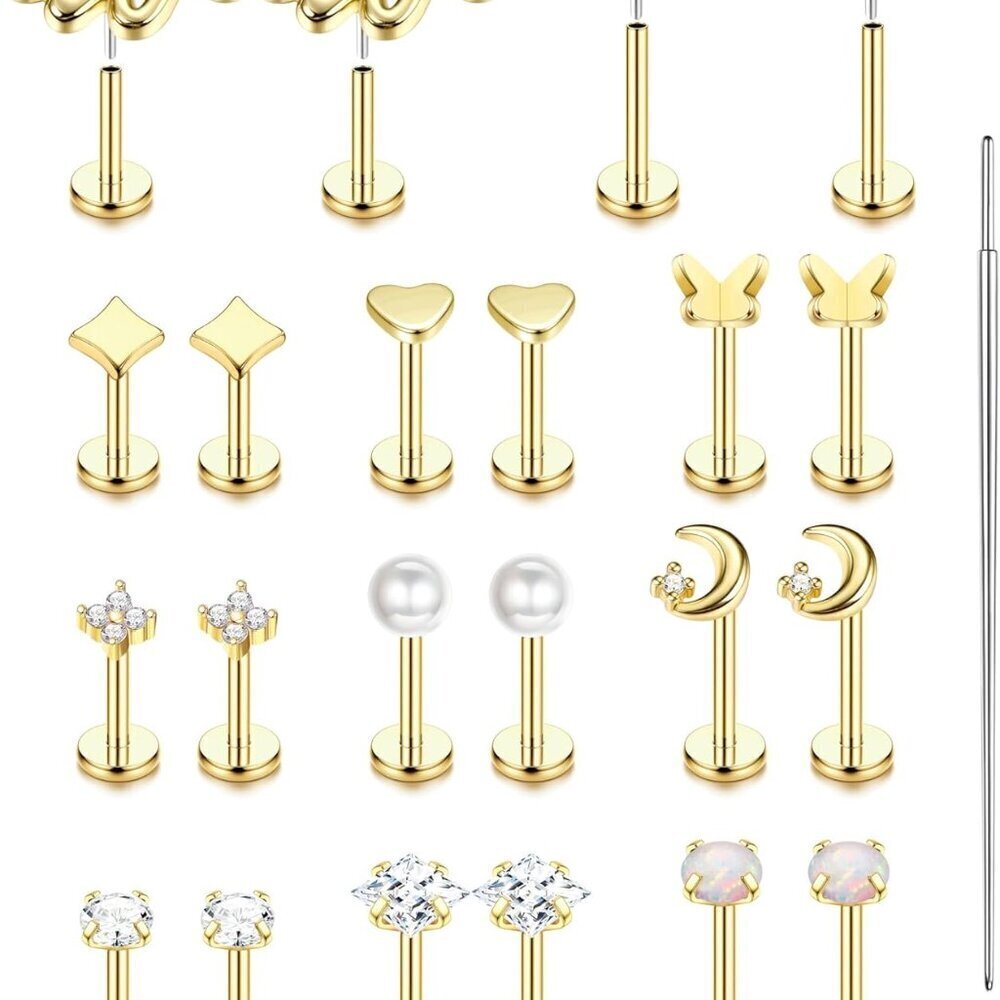 20G Flat Back Earrings Steel CZ Studs Hypoallergenic Nose Conch Tragus
